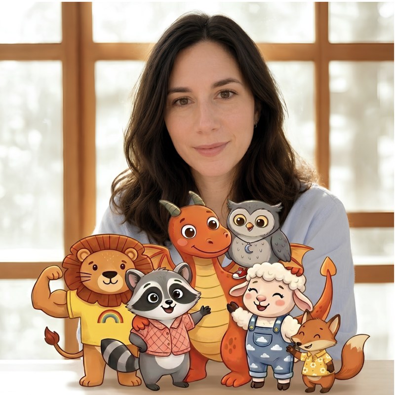 Aurélia P. with the 6 mascots of Le Gang Des Émotions